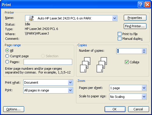 Example print dialog showing collate option