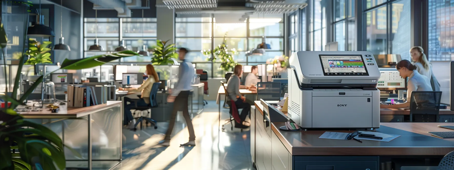 a sleek, modern office printer with a digital screen displaying real-time performance metrics and supply levels, surrounded by a bustling workplace filled with employees working efficiently at their desks.