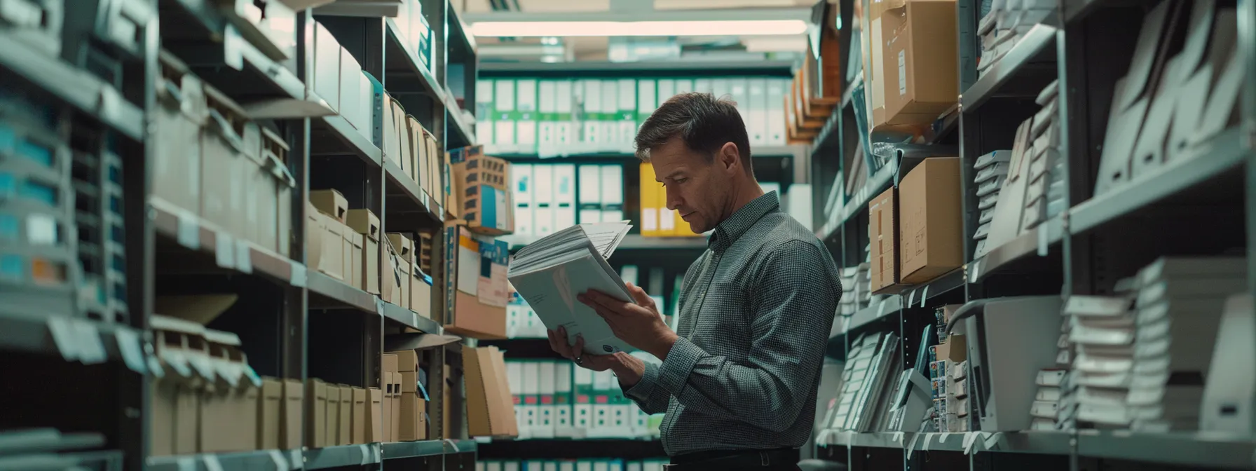 Selecting the Ideal Copier Service Agreement for Your Business Needs 11 an office manager reviewing a copier service agreement, surrounded by shelves stocked with supplies for konica minolta laser printing devices.