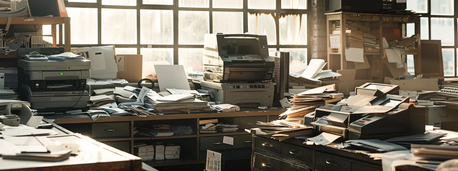 a cluttered office space filled with outdated printers, dusty toner cartridges, and piles of paper, highlighting the hidden costs and inefficiencies of office printing.