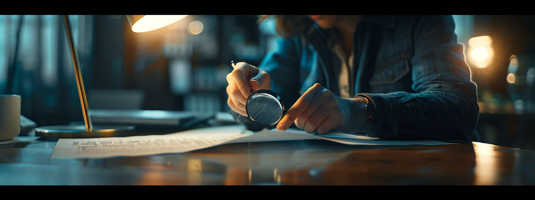an individual carefully examining a large, detailed contract with a magnifying glass on a sleek, modern desk in a well-lit office setting.