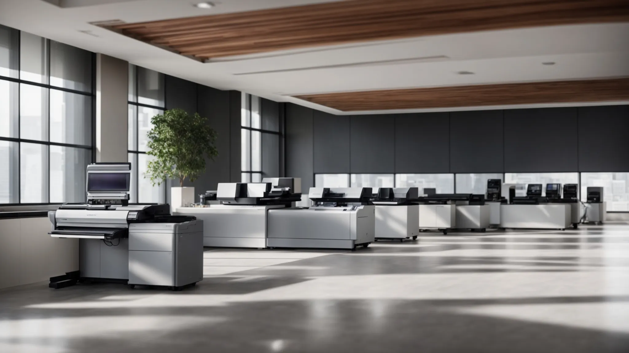 a sleek toshiba copier in a modern office setting, seamlessly printing out high-volume documents with advanced automation capabilities.