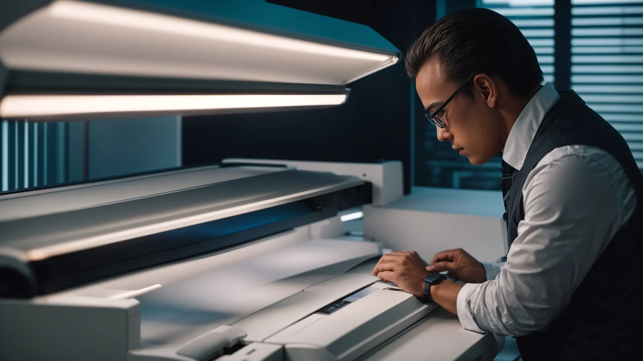 Selecting the Right Sharp Copier Repair Technician in New Jersey 13 an experienced technician diligently examining a sharp copier under bright fluorescent lights in a sleek, modern office setting in new jersey.