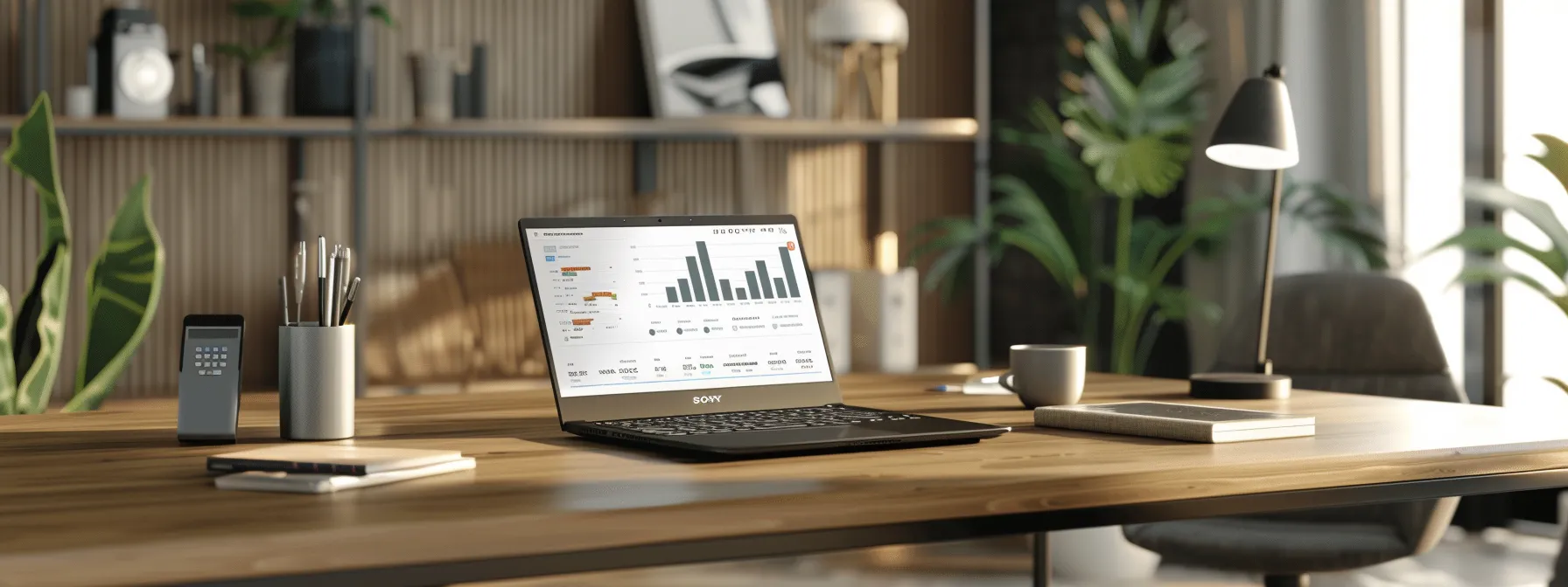 a sleek, modern office desk with a laptop displaying a virtual phone number platform, surrounded by charts and graphs showing comprehensive analytics for efficient communication.