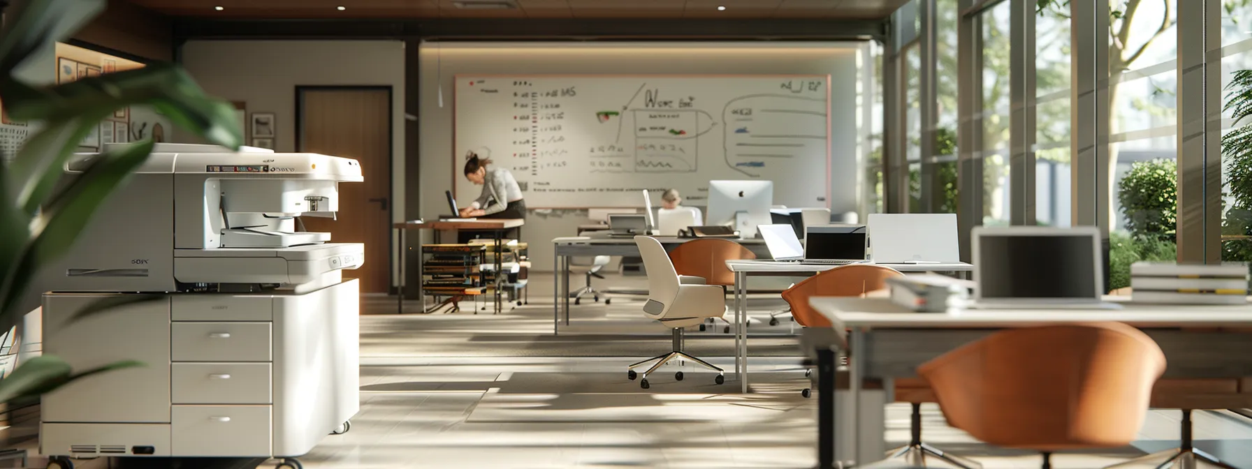 a modern office space with energy-efficient printers, employees training on new protocols, and sustainability goals written on a whiteboard.