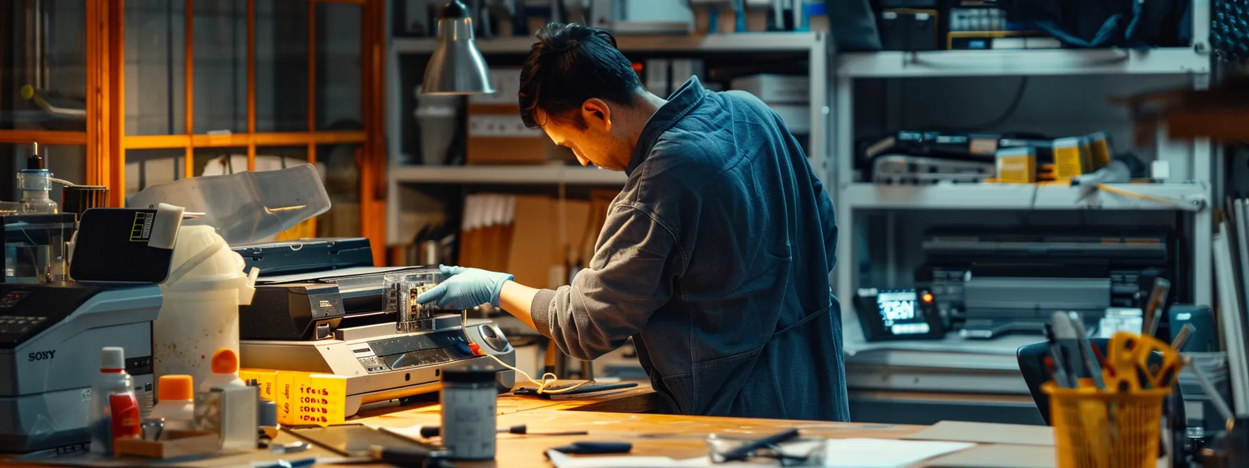 Crafting the Ideal Regular Photocopier Servicing Schedule for Prevention 11 a technician carefully cleaning a photocopier, with tools and cleaning supplies spread out around them on a well-lit workbench.