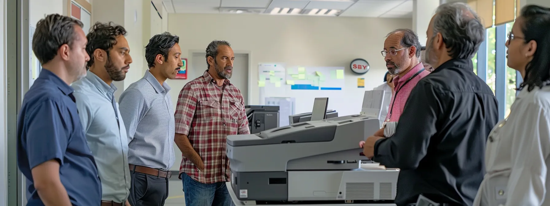 a group of employees attentively learning proper copier loading techniques and printing material handling in a brightly lit office training room.