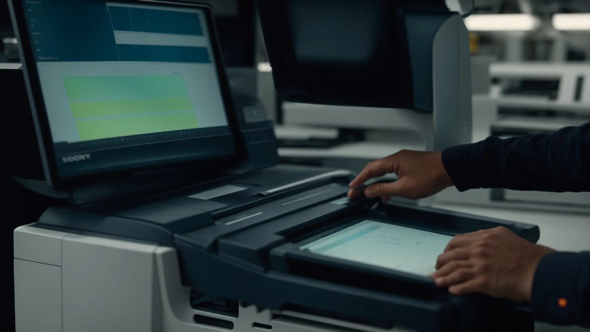 a technician updating the software on a photocopier with a digital screen displaying a progress bar and various data metrics.