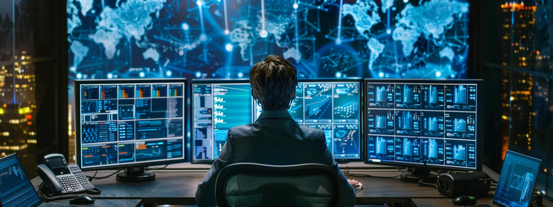 Real-Time Threat Detection Solutions: A Complete Guide to Enhancing Your Security Posture 9 a network administrator monitoring multiple screens displaying real-time network activities for threat detection.