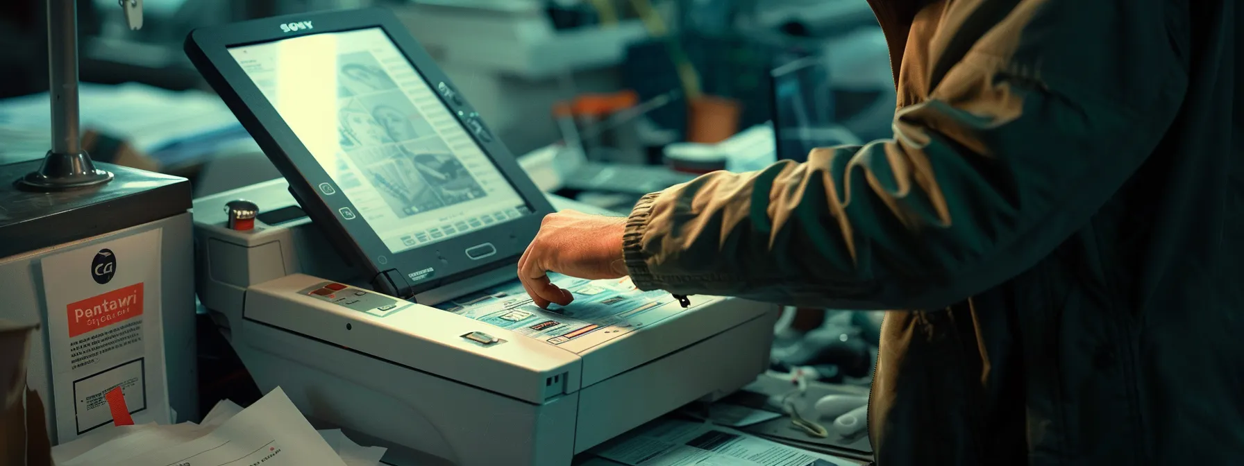 Effective Strategies for Photocopier Ink and Toner Conservation 13 a person carefully adjusting printing settings on a photocopier, surrounded by labeled conservation techniques and monitoring tools.