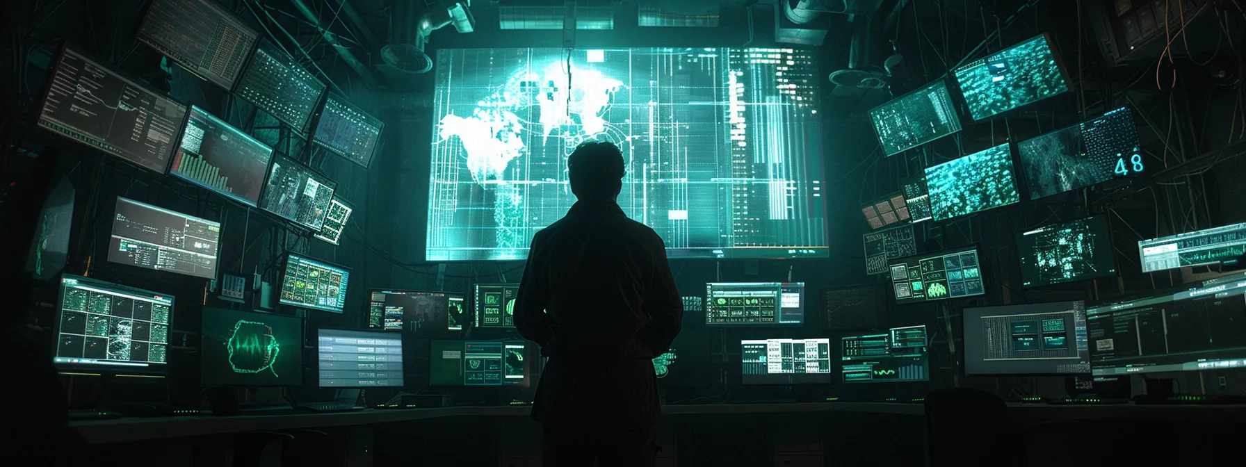 Real-Time Threat Detection Solutions: A Complete Guide to Enhancing Your Security Posture 13 an intense cybersecurity analyst monitoring a wall of screens displaying real-time network activity, surrounded by complex code and data visualizations.