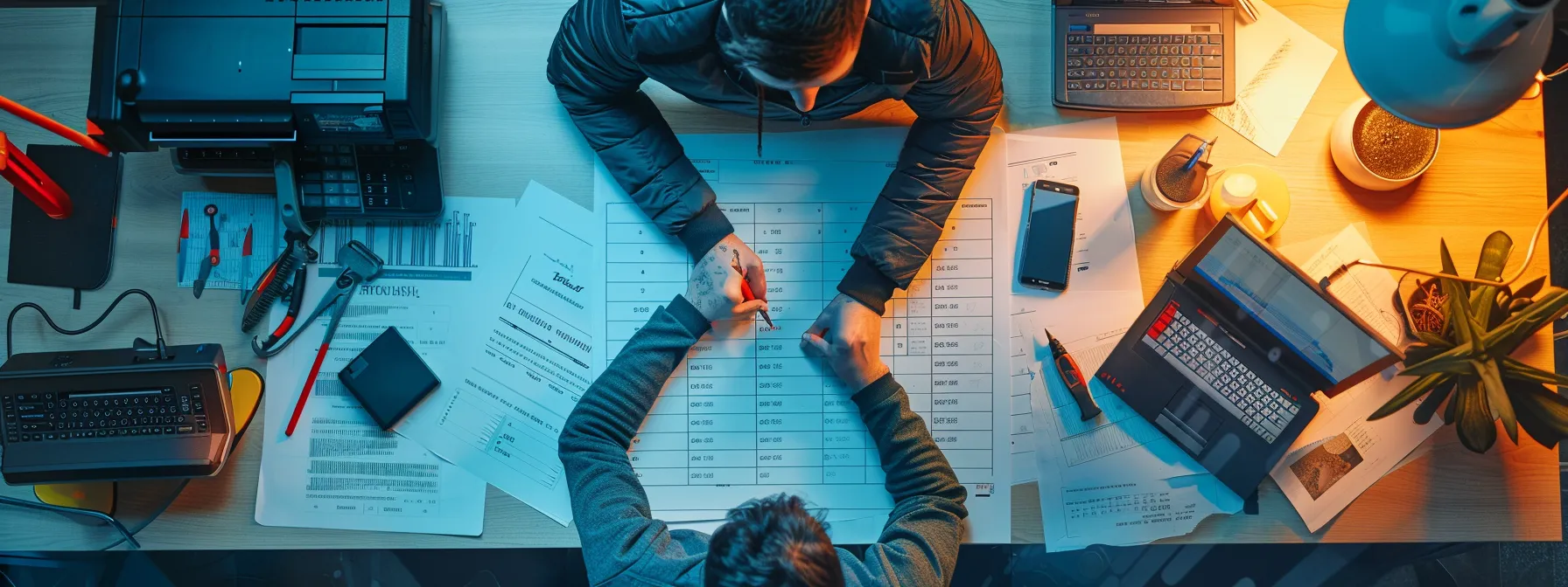 Crafting the Ideal Regular Photocopier Servicing Schedule for Prevention 12 a team member checking off completed maintenance tasks on a calendar, surrounded by tools and a maintenance log, ensuring seamless operations for a photocopier.