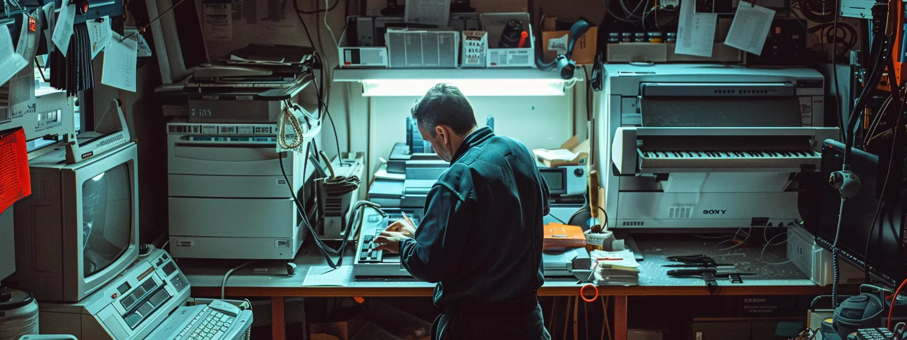 Selecting the Right Sharp Copier Repair Technician in New Jersey 14 a technician carefully inspecting a sharp copier, surrounded by various maintenance tools and equipment.