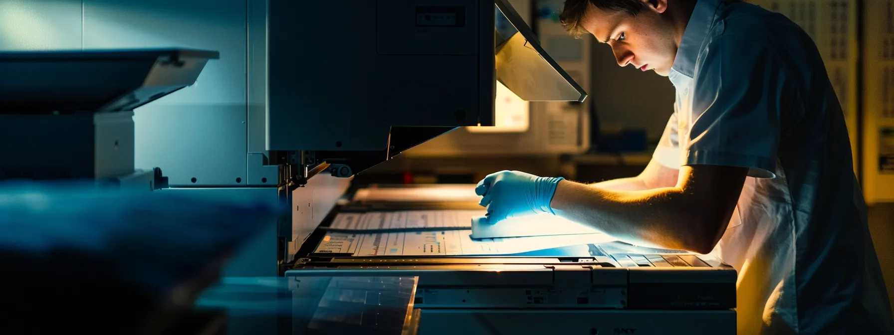 Crafting the Ideal Regular Photocopier Servicing Schedule for Prevention 9 a technician carefully cleaning and servicing a high-end photocopier, with a bright light illuminating the intricate inner components.