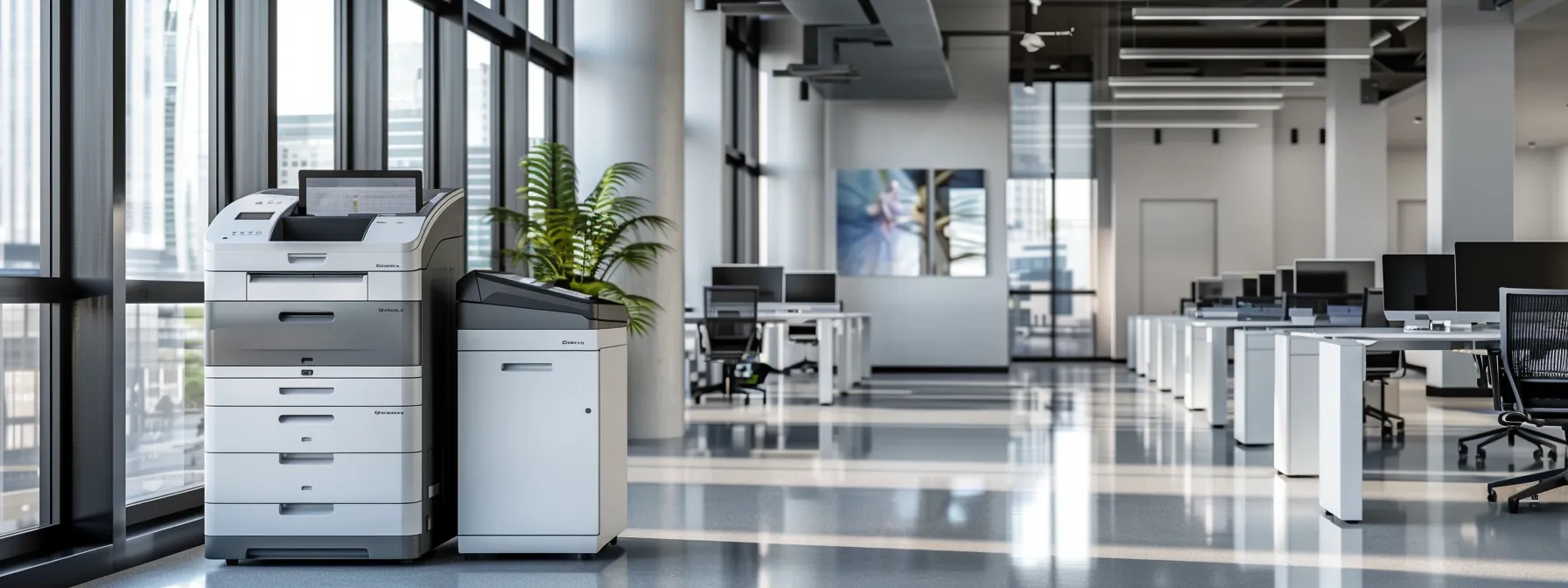 a sleek, modern office setting with efficient printing equipment and eco-friendly practices in place, showcasing the benefits of implementing managed print services.