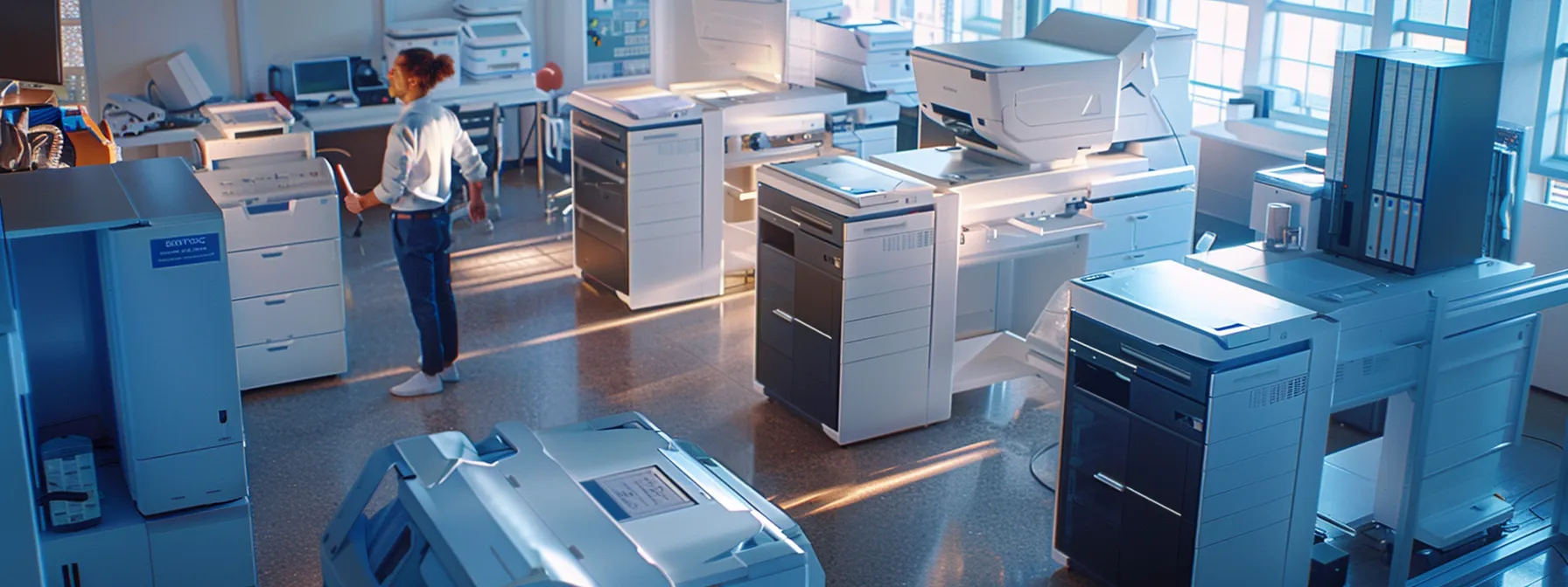 a technician inspecting a high-capacity copier machine in a modern office setting, surrounded by various copier models and maintenance tools.