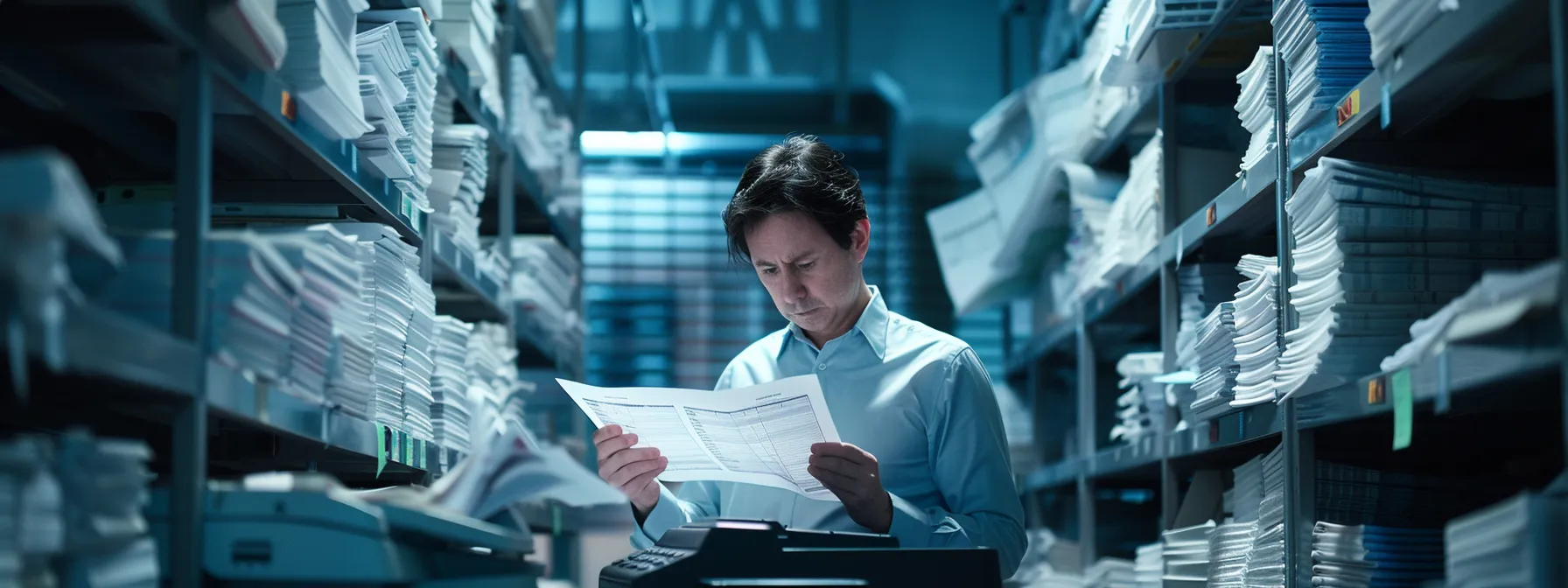 Choosing the Right Photocopier Service Contract: A Comprehensive Guide 14 a business person carefully reading and comparing the fine print of different photocopier service contracts, surrounded by stacks of paperwork and a calculator.