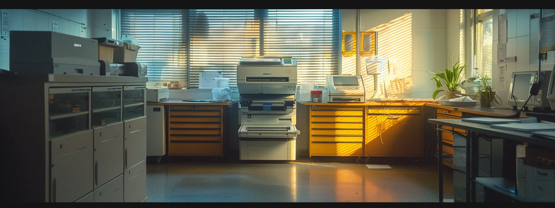 a clean, well-maintained photocopier surrounded by a dust-free workspace, showcasing optimal performance and efficiency.