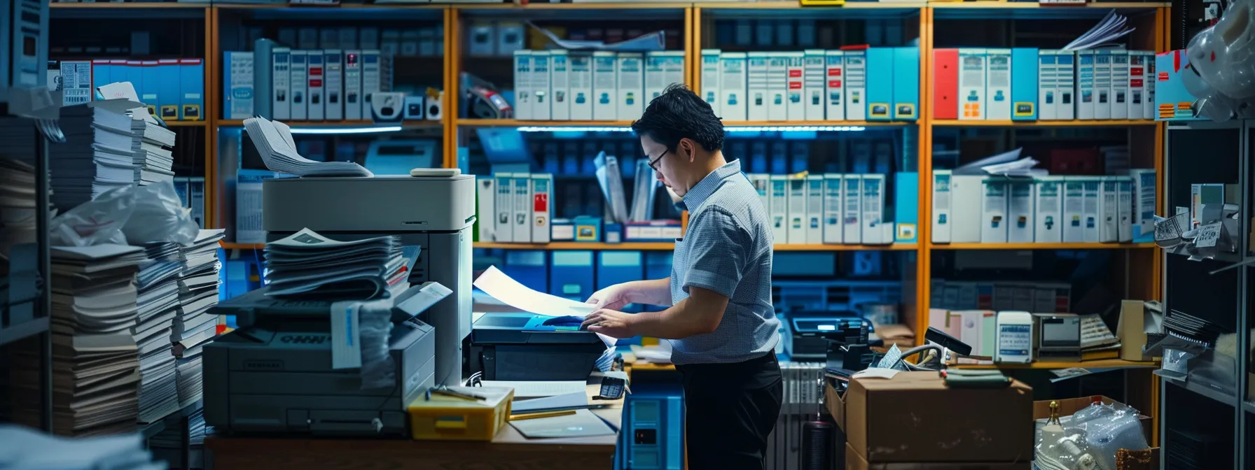 a technician examining a copier, surrounded by various parts and supplies, with software updates and firmware upgrades displayed on a screen in the background.