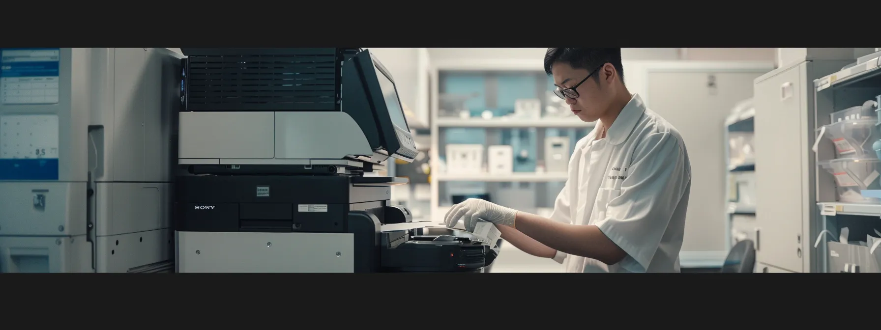 Selecting the Ideal Copier Service Agreement for Your Business Needs 9 a technician inspecting a sleek xerox copier under a service agreement, ensuring its smooth operation and longevity.