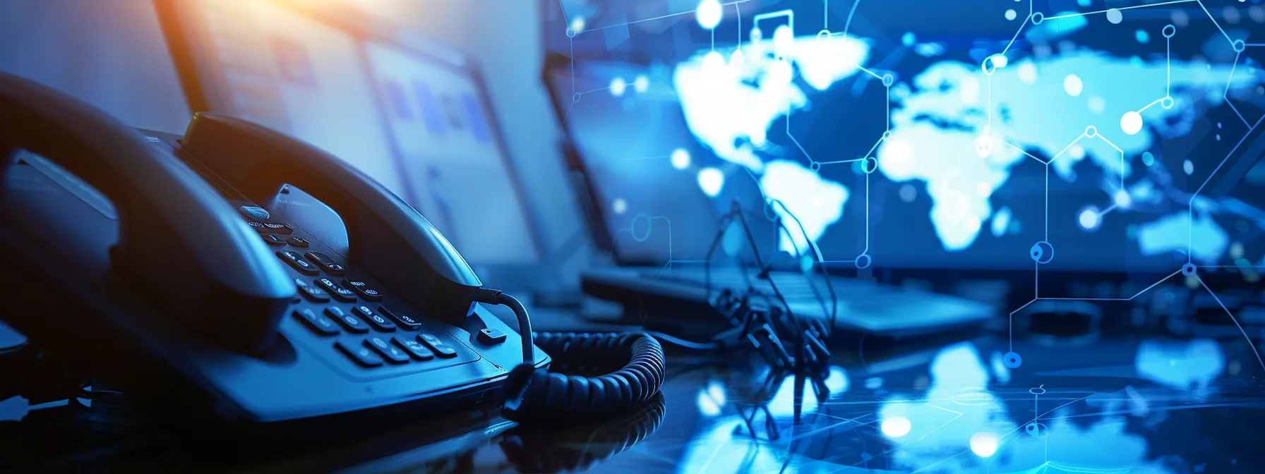 a team of professionals carefully configuring a virtual phone number on a sleek computer interface with a map of the united states in the background, symbolizing seamless communication across borders.