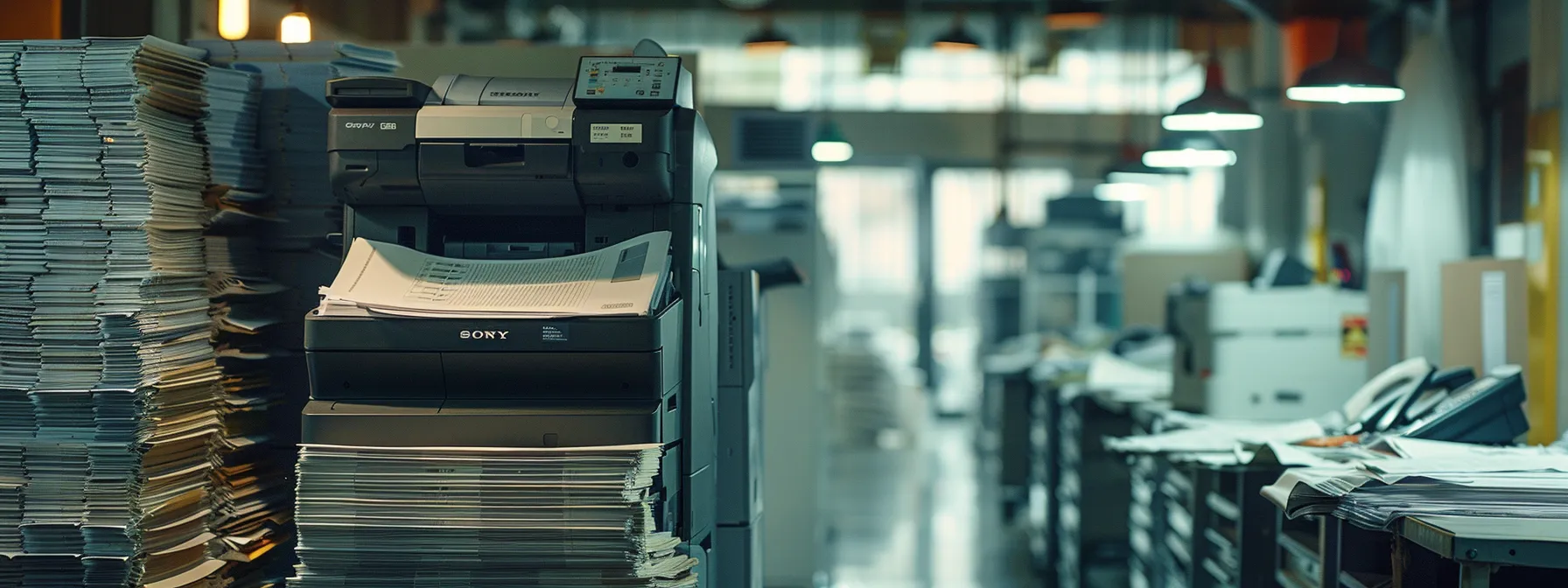 Crafting the Ideal Regular Photocopier Servicing Schedule for Prevention 10 a busy office scene with a photocopier surrounded by stacks of paper, displaying signs of heavy usage.