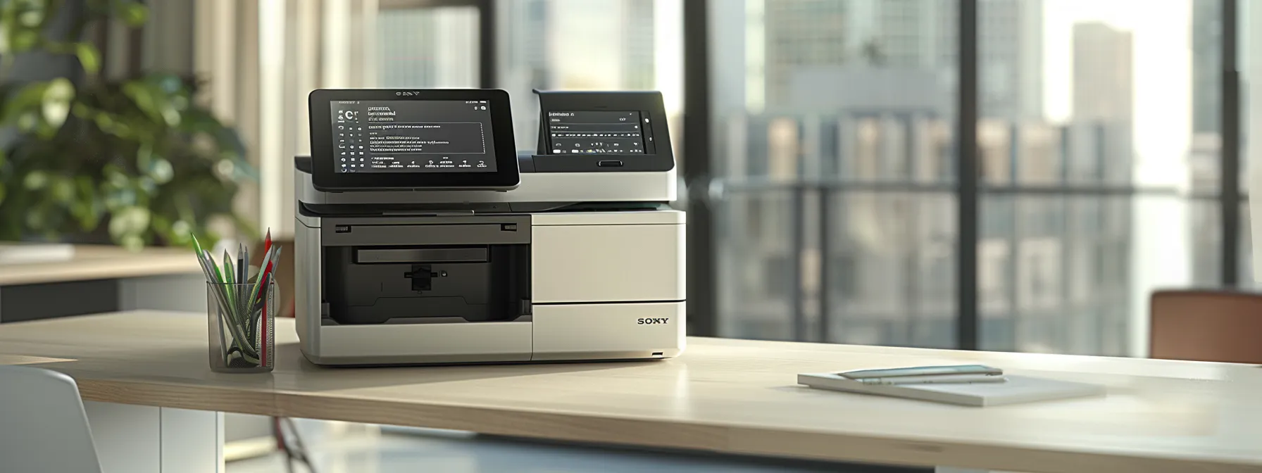 a sleek, modern office printer with a digital display screen showing low energy consumption and user authentication prompts.