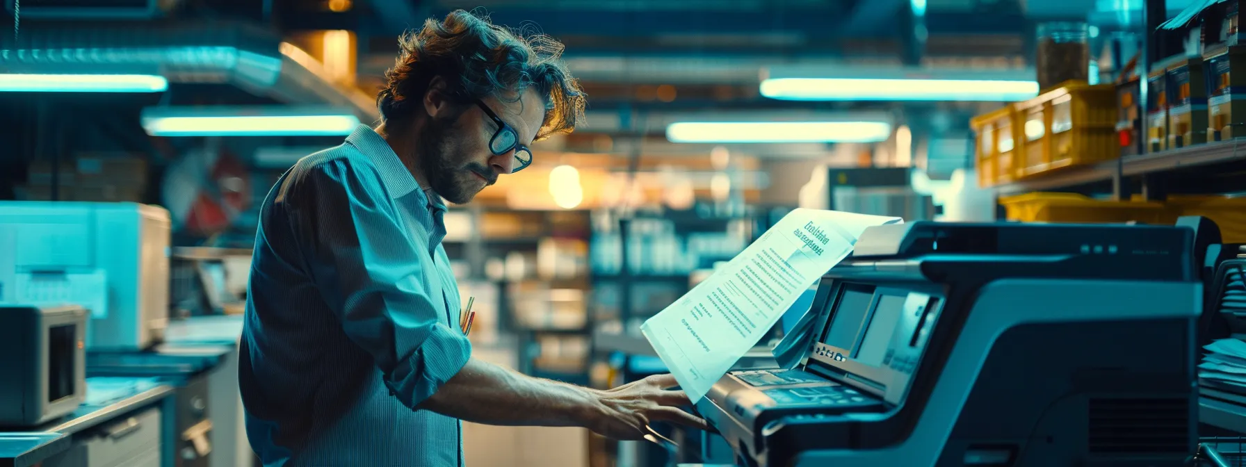 Crafting the Ideal Regular Photocopier Servicing Schedule for Prevention 14 a technician carefully analyzing performance metrics and adjusting a photocopier servicing schedule in a busy office environment.