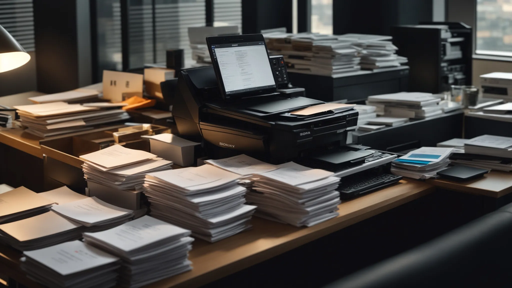 a modern office desk cluttered with brochures, business cards, and laptops, showcasing the meticulous research process of selecting a toshiba copier servicing company.
