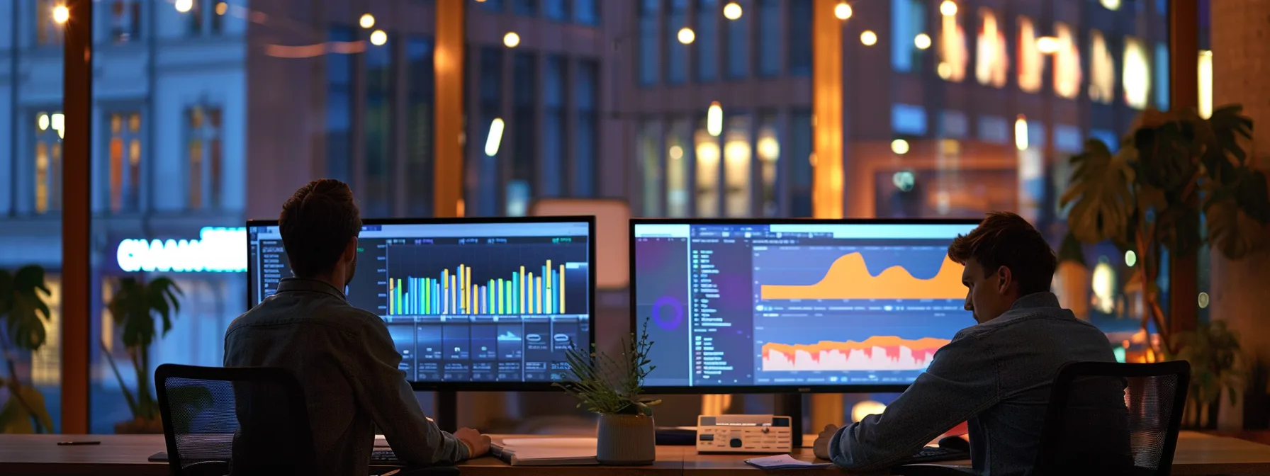 a focused and determined team analyzing data on computer screens in a modern office setting.