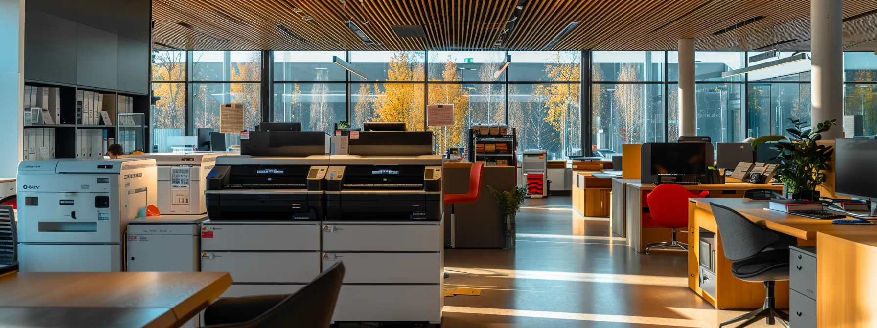 Effective Strategies for Photocopier Ink and Toner Conservation 14 a high-tech office setting with a digital print management system displaying usage data and setting user permissions to reduce consumption and printing costs.