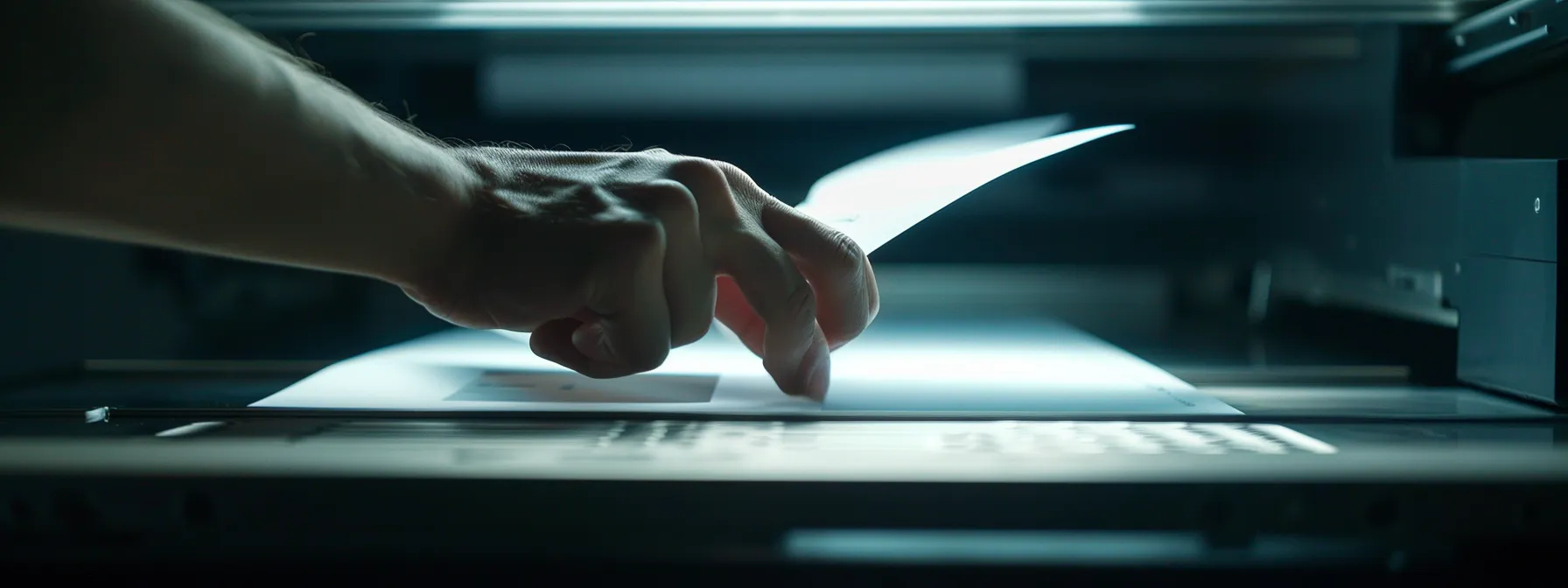 a hand carefully adjusting paper guides in a well-organized paper tray, ensuring smooth copier performance.