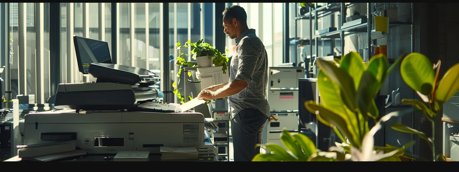 Crafting the Ideal Regular Photocopier Servicing Schedule for Prevention 13 a technician servicing a high-tech photocopier machine in a modern office environment.