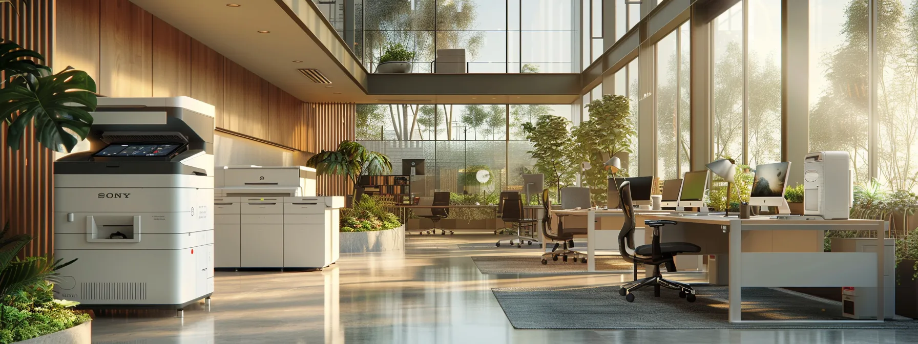 a sleek, modern office with efficient, networked printers and a clutter-free workspace, showcasing the benefits of managed print services (mps).