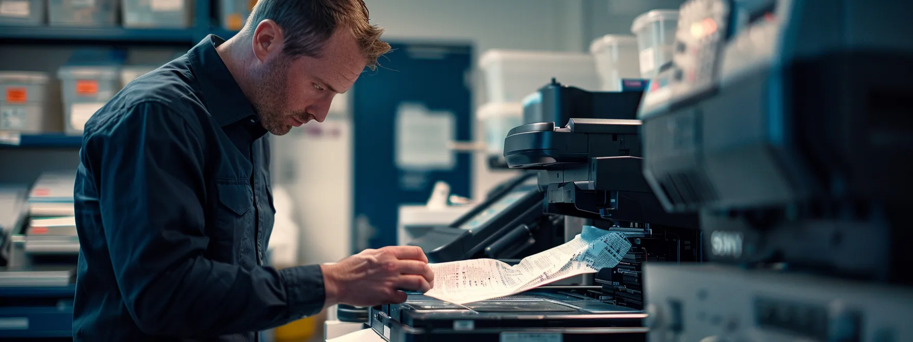 a technician carefully inspecting a photocopier, cleaning critical components with precision and focus.