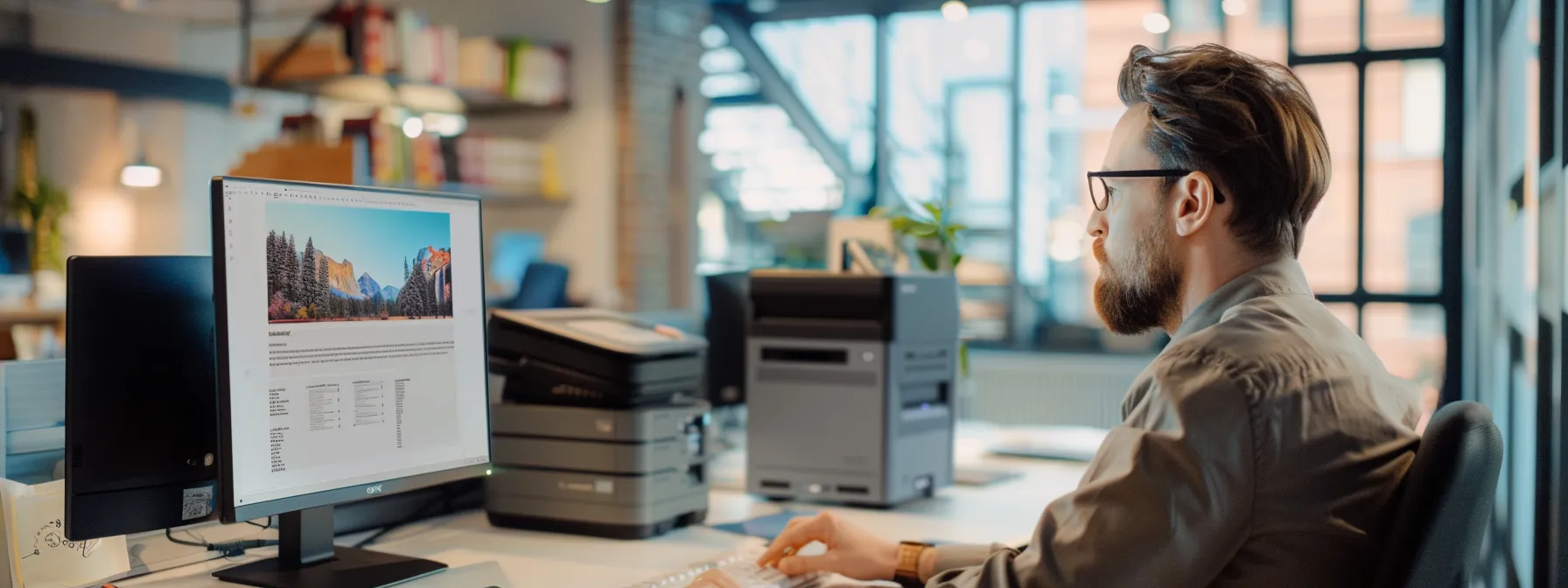 an office manager carefully comparing different managed print service providers' expertise and experience on a computer screen.