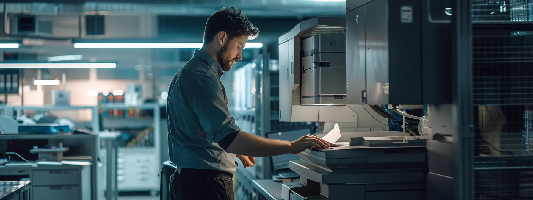 Choosing the Right Photocopier Service Contract: A Comprehensive Guide 9 a technician meticulously inspecting a high-tech, sleek copier machine in a modern office setting.