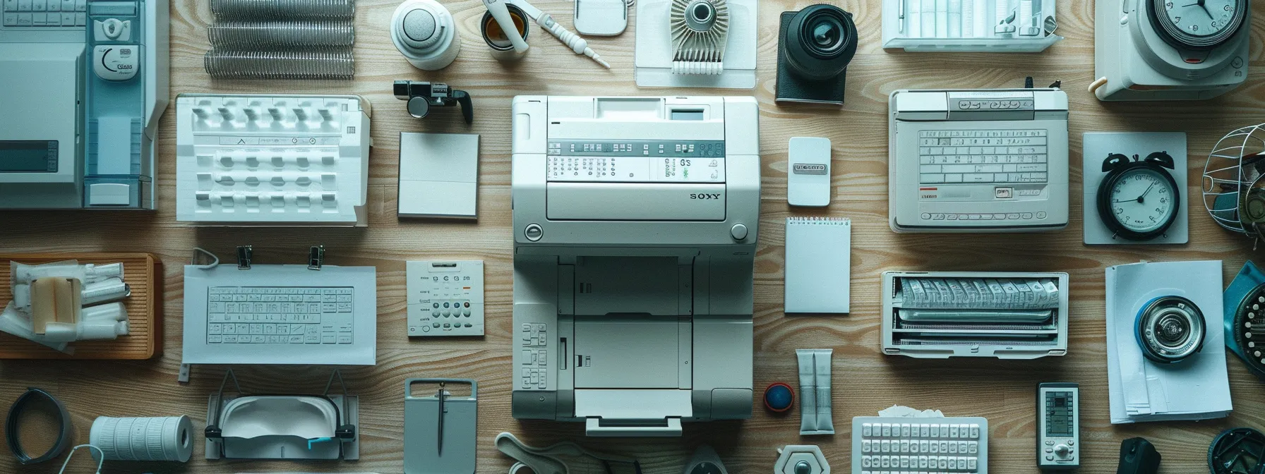 Choosing the Right Photocopier Service Contract: A Comprehensive Guide 11 a well-maintained photocopier surrounded by a variety of replacement parts and consumables on a clean, organized desk.