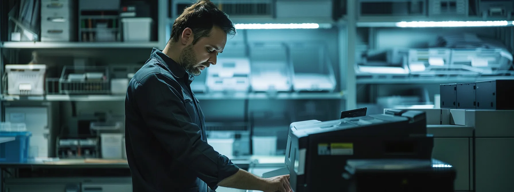 a technician closely monitoring a high-tech printer, ensuring minimal disruption and enhancing security measures against data breaches.