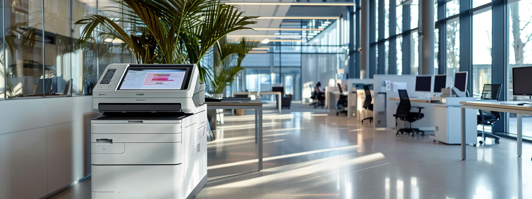 a sleek, modern office with efficient printing processes in place, showcasing how managed print services lead to cost savings and improved operations.