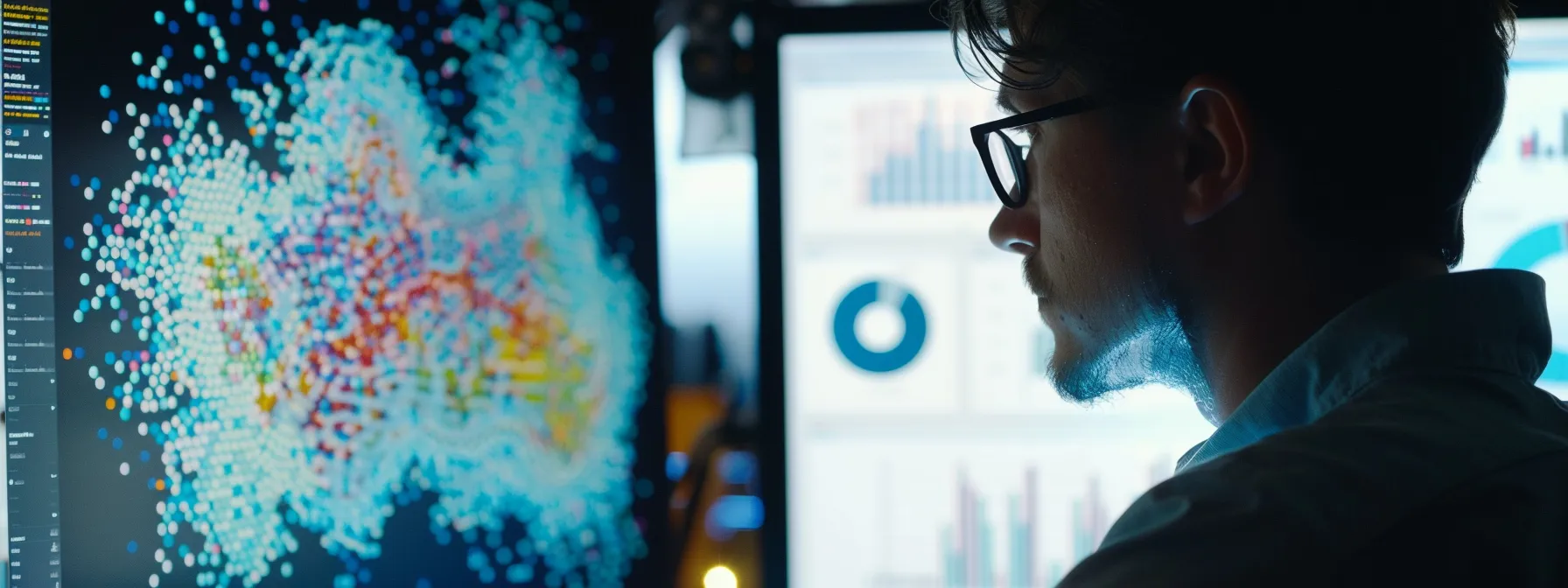 a person analyzing detailed graphs and charts on a computer screen to optimize printing operations.