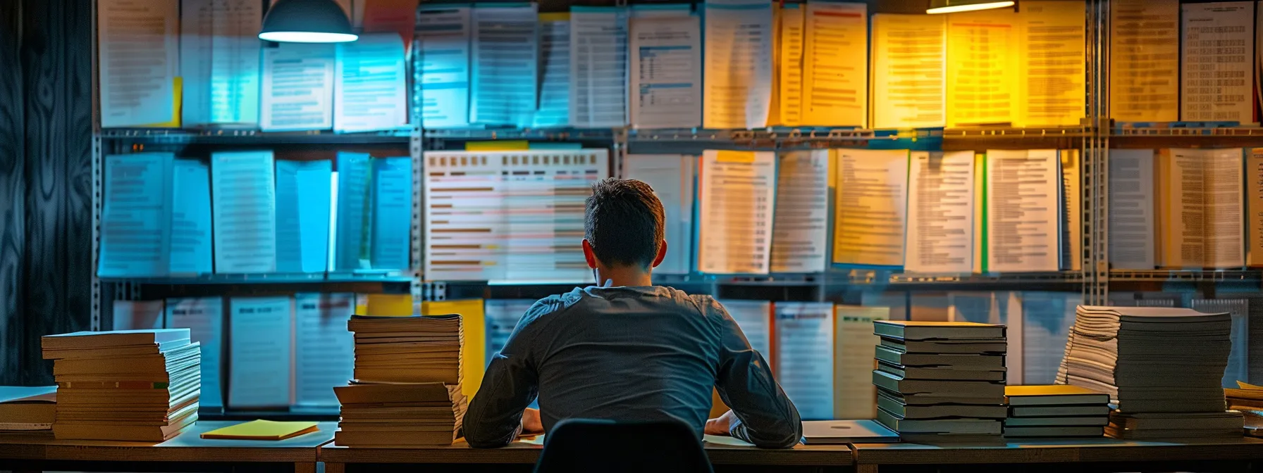 a focused individual reading through stacks of glowing customer reviews and industry certifications, with a wall showcasing references from satisfied businesses in the background.