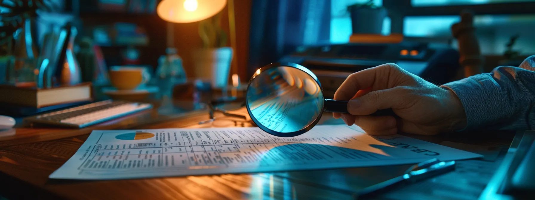 a person examining a detailed sla document with a magnifying glass, highlighting key performance metrics and penalties, on a desk with a modern copier in the background.