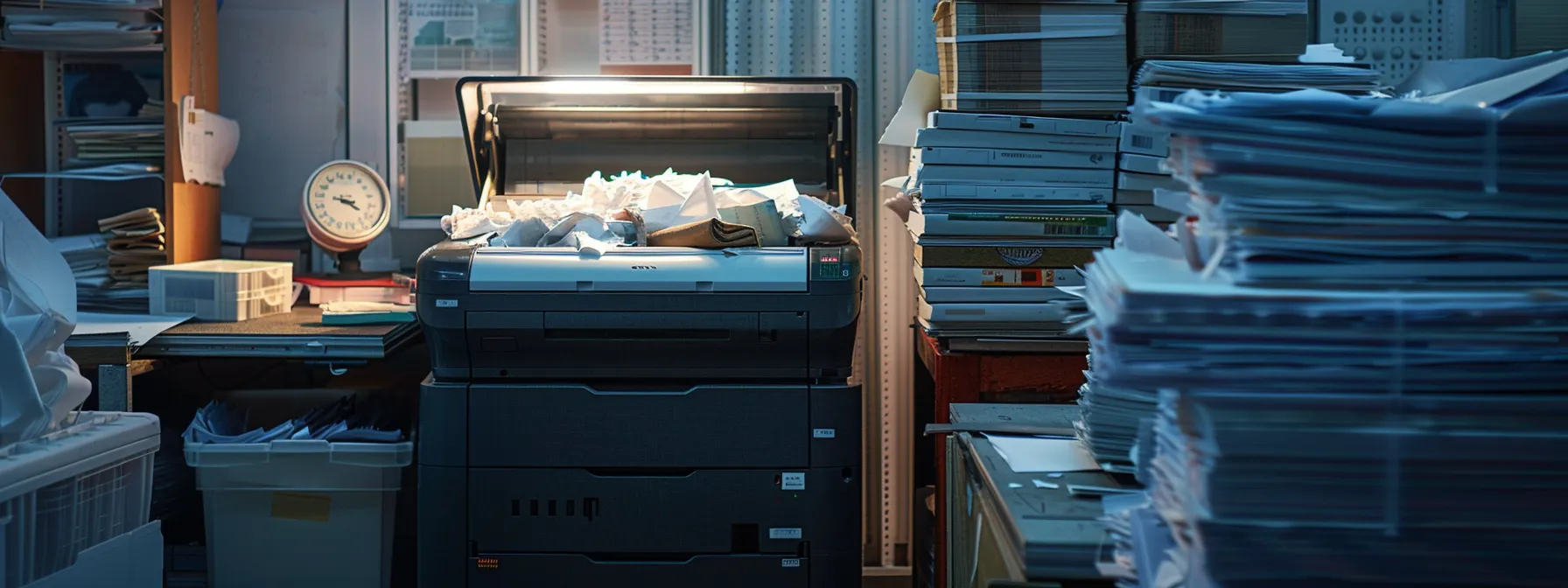 an open copier machine with crumpled paper stuck, surrounded by a stack of various paper types and a thermometer indicating high temperature.
