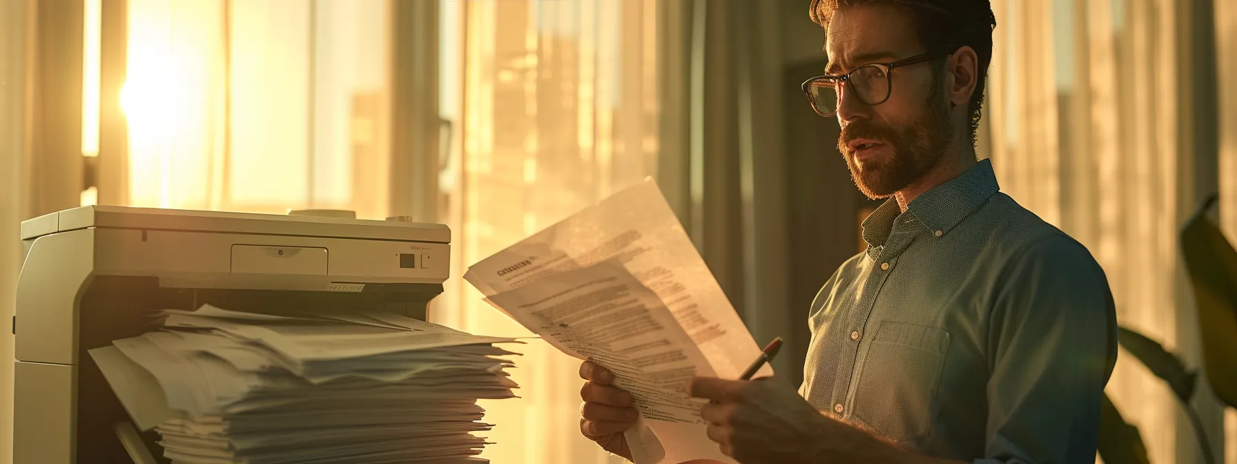 Selecting the Ideal Copier Service Agreement for Your Business Needs 14 a business owner confidently reviewing and customizing a copier service agreement with a focused expression and a stack of papers in hand.