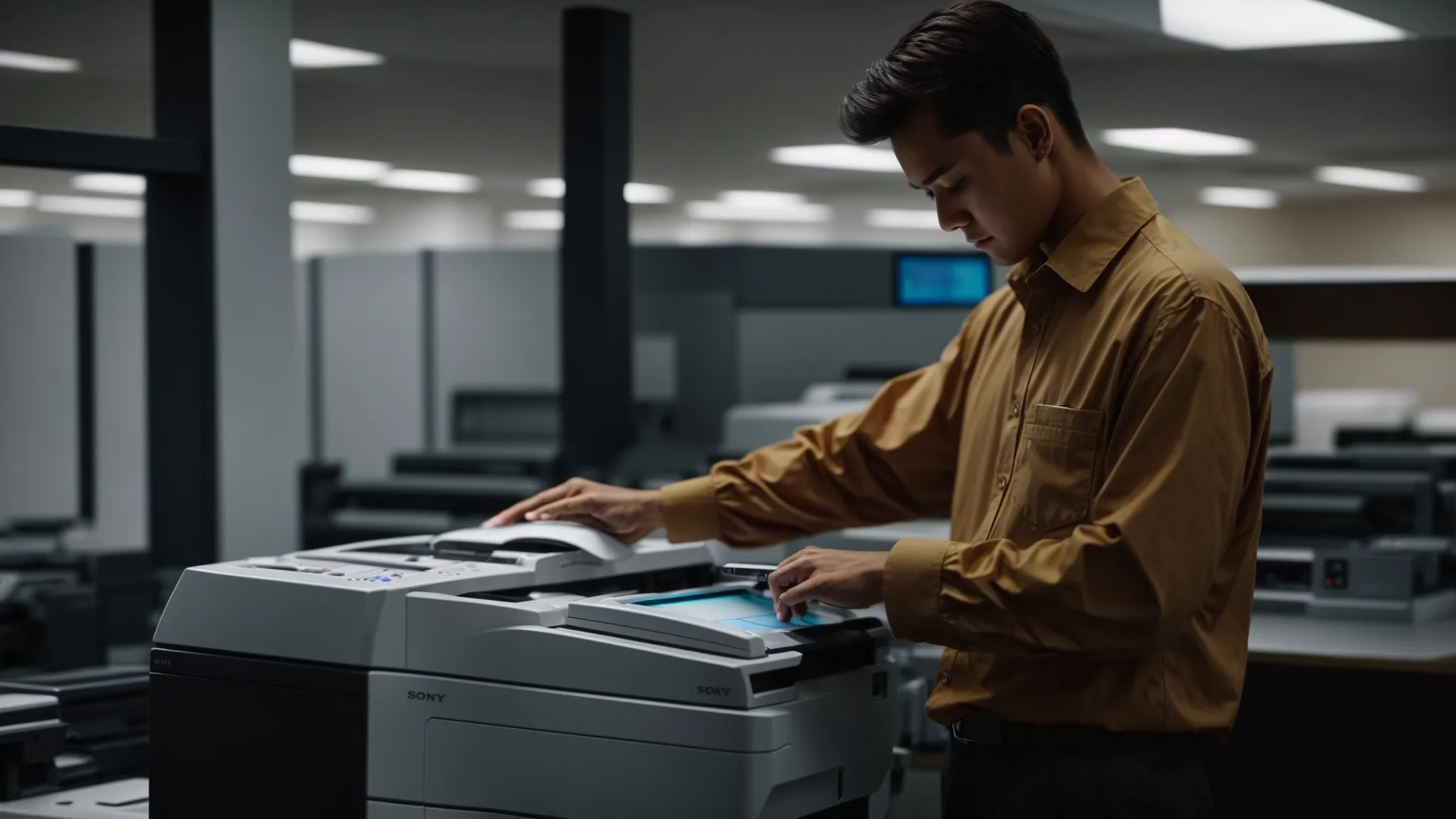 an employee carefully following step-by-step instructions on operating a photocopier, with a clear guide displayed next to the machine for reference.