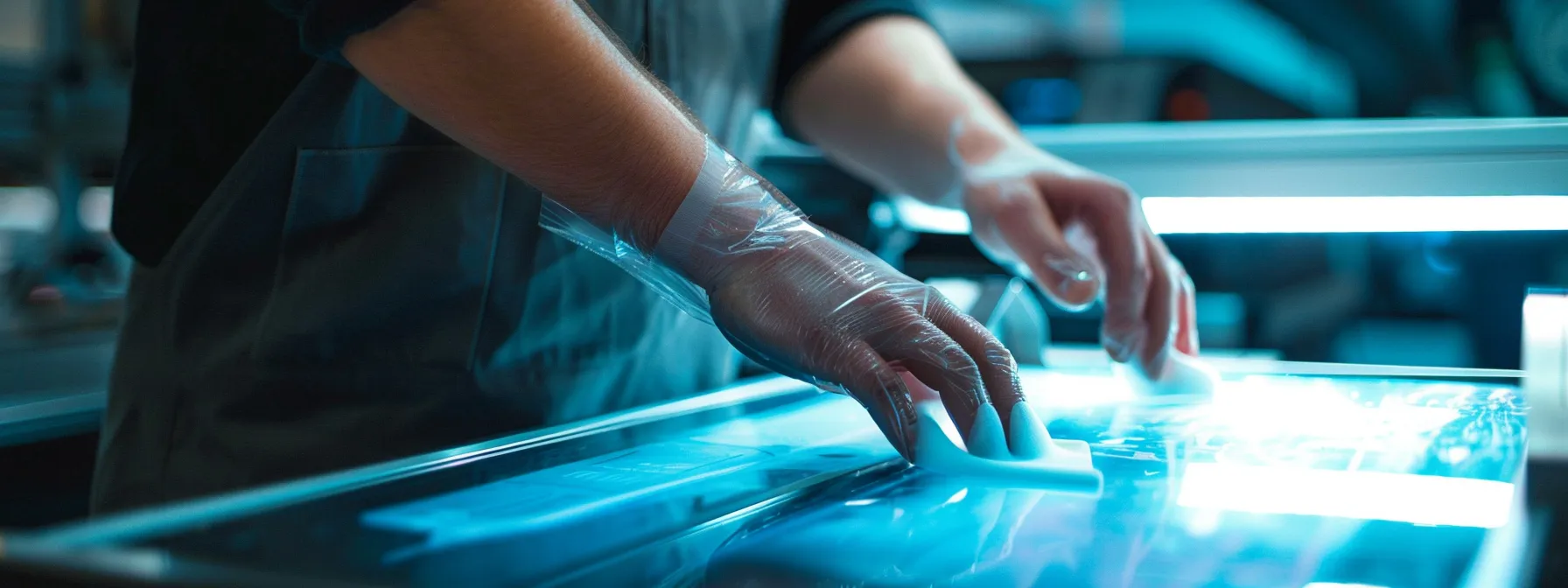 a close-up shot of a person carefully wiping down the glass surface of a photocopier, showing attention to detail and cleanliness.
