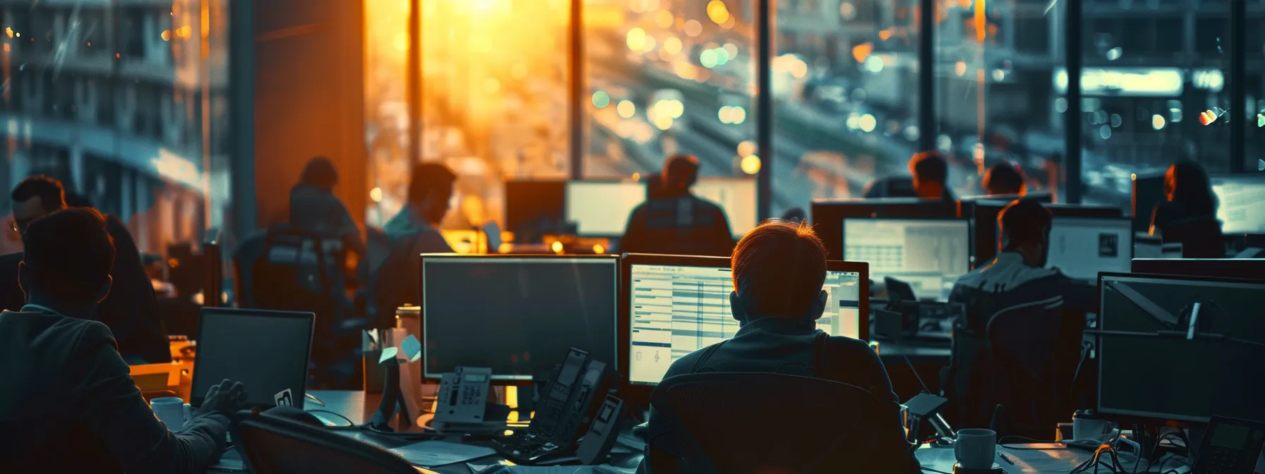 a busy office environment with employees using virtual phone numbers on computer screens, showcasing efficient communication and productivity.