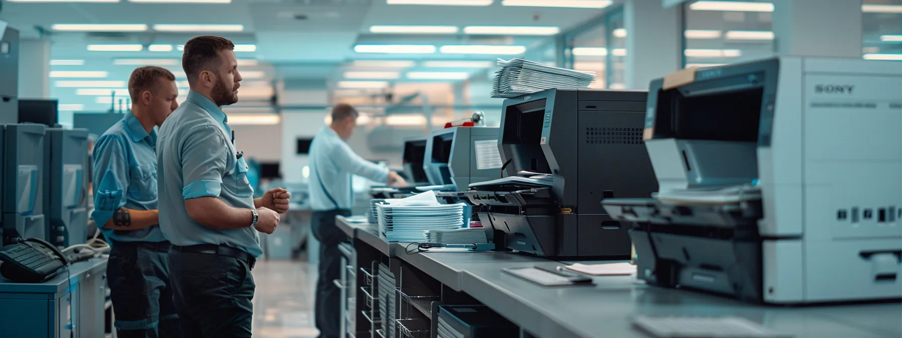 a busy office with technicians working on toshiba copiers, showcasing a range of service plans and maintenance options available.