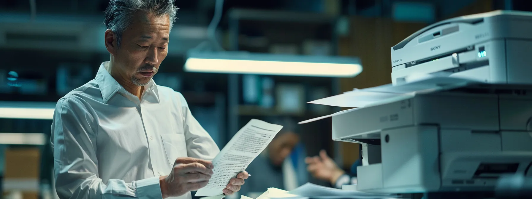 a businessman carefully comparing notes on different toshiba copier servicing companies before making an informed decision for his business partnership.